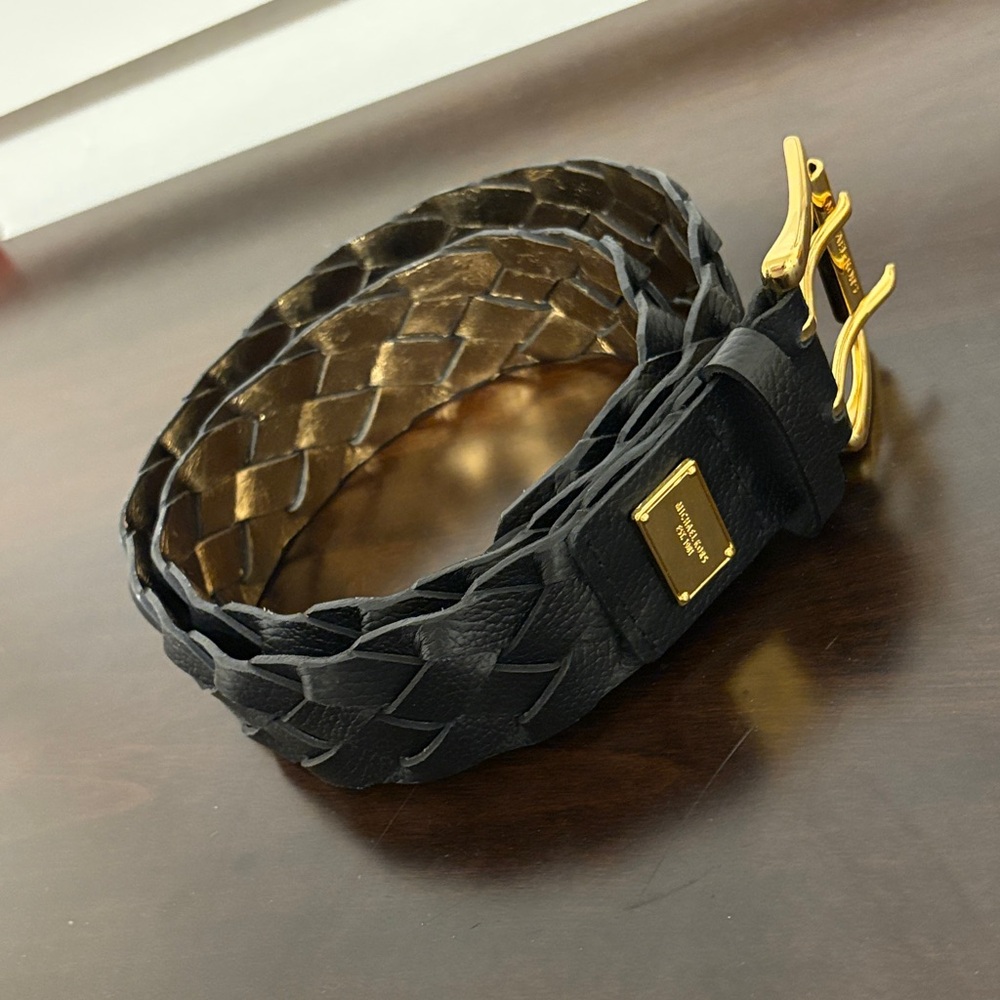 Michael Kors Black Woven Leather Belt with Gold Hardware